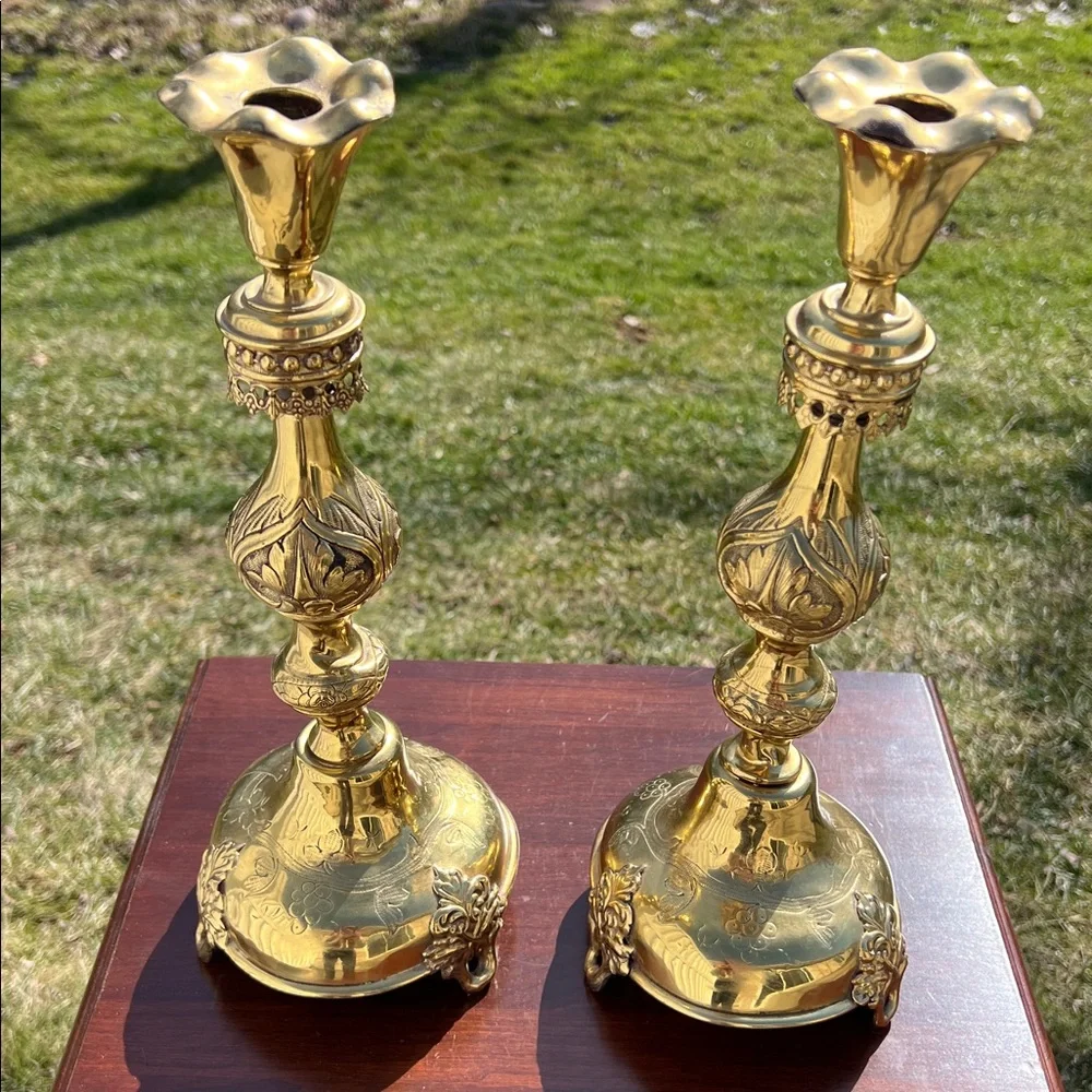 Antique Shabbat Sabbath Brass Candlesticks by Fraget Warszawa Poland Judaica